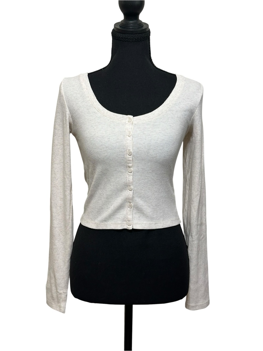 aerie. Cream Scoop Neck Button-Front Long Sleeve Top